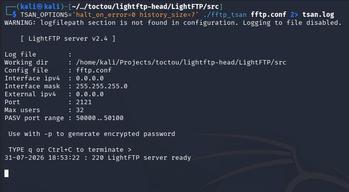 LightFTP development version 2.4 at commit d28c5e0 running under ThreadSanitizer
