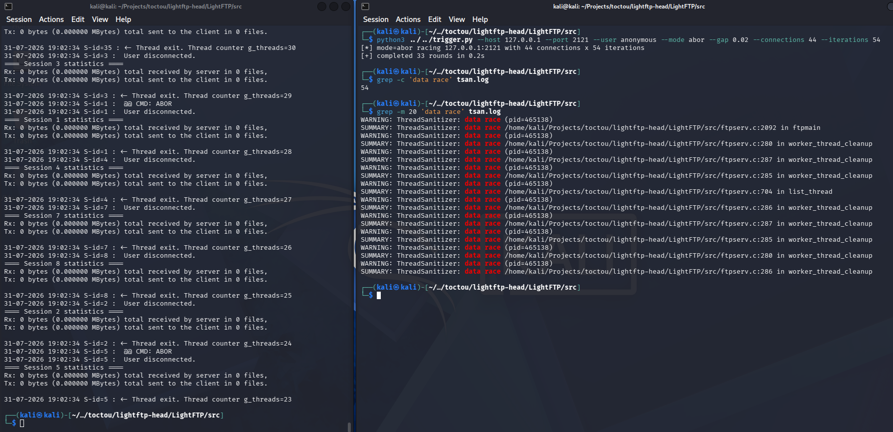 Trigger driving the LightFTP d28c5e0 development snapshot and ThreadSanitizer data-race reports